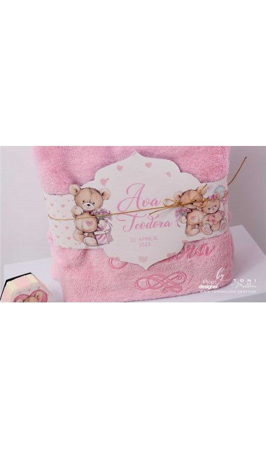 Trusou de botez cu ursuleti roz si inimioare Teddy Bear Pink Hearts 7